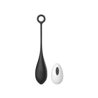 Elegant black vibrating love egg alongside a sleek white remote, both designed for luxurious pleasure.
